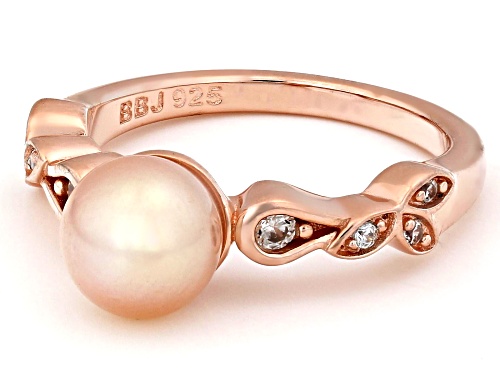 7.5-8mm Peach Cultured Freshwater Pearl and White Zircon 14k Rose Gold Over Sterling Silver Ring - Size 12
