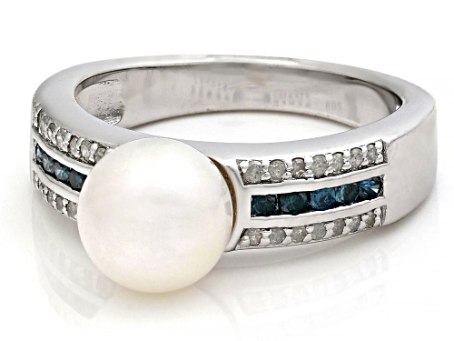 8-9mm White Cultured Japanese Akoya Pearl and Blue & White Diamond Rhodium Over Sterling Silver Ring - Size 8
