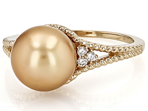 9-10mm Golden Cultured South Sea Pearl and Lab Grown Diamonds 14k Yellow Gold Ring - Size 12