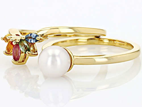 6-6.5mm White Cultured Freshwater Pearl & Multicolor Sapphire 18k Gold Over Sterling Silver Ring Set - Size 10
