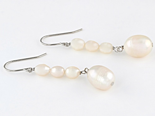 5-6mm and 11-12mm White Cultured Freshwater Pearl Rhodium Over Sterling Silver Earrings