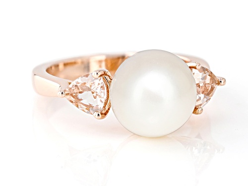 9-10mm White Cultured Freshwater Pearl and Morganite 18k Rose Gold Over Sterling Silver Ring - Size 10