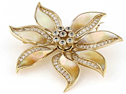 Golden South Sea Mother-of-Pearl and White Zircon 18k Gold Over Sterling Silver Brooch Pendant