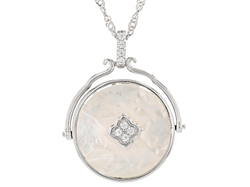White Mother-of-Pearl and 0.18ctw White Zircon Rhodium Over Sterling Silver Pendant with Chain