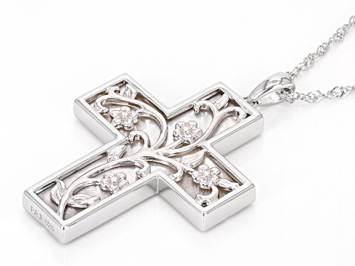 White Mother-of-Pearl Rhodium Over Sterling Silver Cross Pendant with Chain