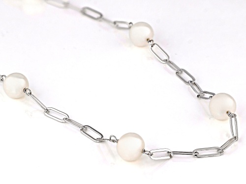 7.5-8mm White Cultured Freshwater Pearl Rhodium Over Sterling Silver Station Necklace - Size 18