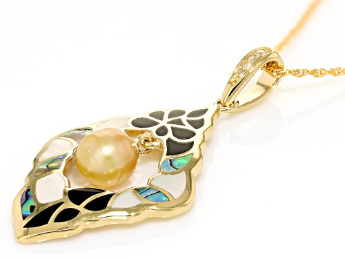 Cultured South Sea Pearl, Mother-of-Pearl, Onyx, Abalone, & Zircon 18k Gold Over Silver Pendant
