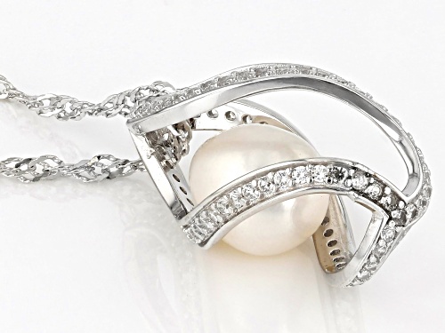 10mm White Cultured Freshwater Pearl and White Zircon Rhodium Over Sterling Silver Pendant w/Chain