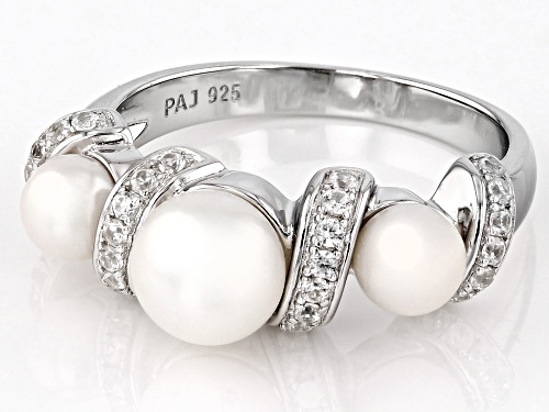 4.5-7mm White Cultured Freshwater Pearl and White Zircon Rhodium Over Sterling Silver Ring - Size 9
