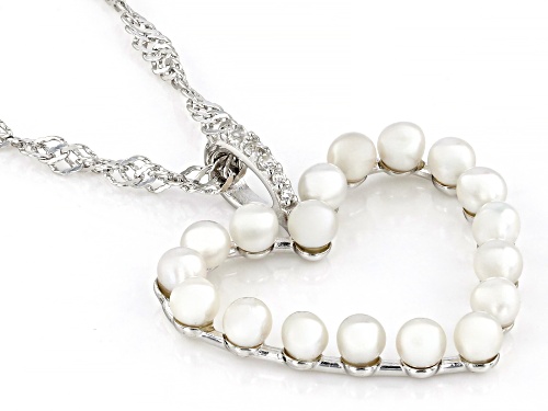 2.5-3mm White Cultured Freshwater Pearl and White Zircon Rhodium Over Sterling Silver Heart Pendant