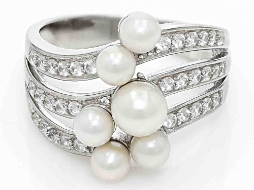 3.5-5.5mm White Cultured Freshwater Pearl and White Zircon Rhodium Over Sterling Silver Ring - Size 11