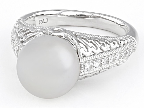 10-10.5mm White Cultured Freshwater Pearl and White Zircon Rhodium Over Sterling Silver Ring - Size 11