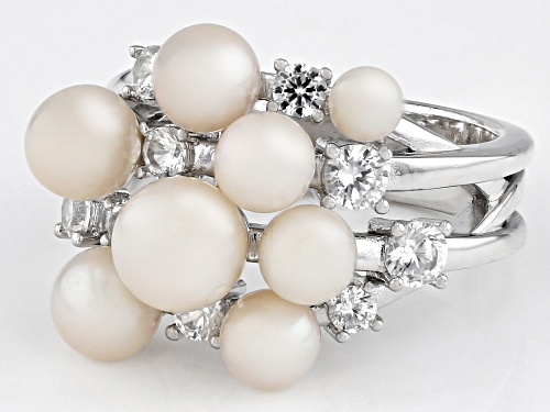 3-6.5mm White Cultured Freshwater Pearl and White Zircon Rhodium Over Sterling Silver Cluster Ring - Size 7