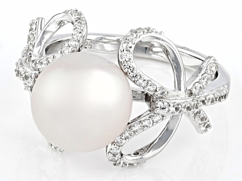 10-10.5mm White Cultured Freshwater Pearl and White Zircon Rhodium Over Sterling Silver Bow Ring - Size 12