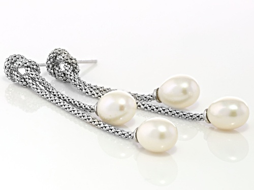7-7.5mm White Cultured Freshwater Pearl Rhodium Over Sterling Silver Dangle Rope Earrings