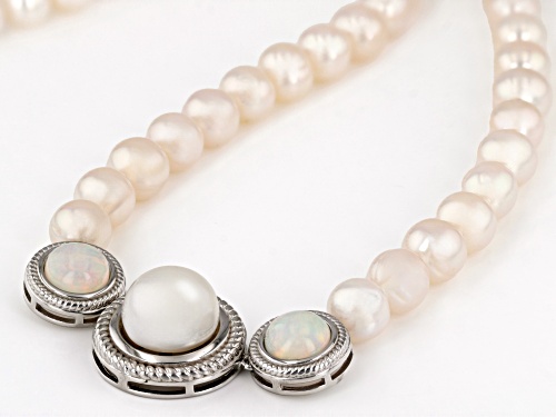 8mm and 12mm Cultured Freshwater Pearl and 8mm Ethiopian Opal Rhodium Over Sterling Silver Necklace - Size 18