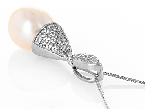 9-10mm White Cultured Freshwater Pearl and Lab Sapphire Rhodium Over Sterling Silver Pendant