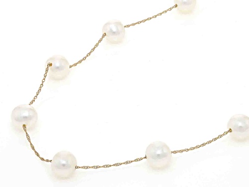 6-7mm White Cultured Freshwater Pearl 14k Yellow Gold Station Necklace - Size 18