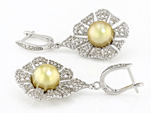 9-10mm Golden Cultured South Sea Pearl and White Topaz Rhodium Over Sterling Silver Earrings