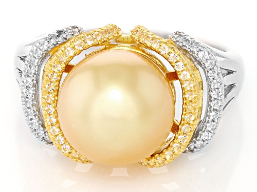 11-12mm Golden Cultured South Sea Pearl with Topaz Rhodium & 18k Gold Over Silver Two-Tone Ring - Size 7