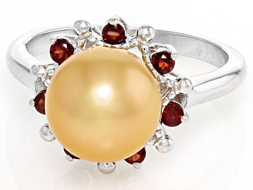 8-9mm Golden Cultured South Sea Pearl and Garnet Rhodium Over Sterling Silver Ring - Size 7