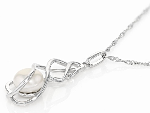 7-8mm White Cultured Freshwater Pearl Rhodium Over Sterling Silver Pendant with Chain