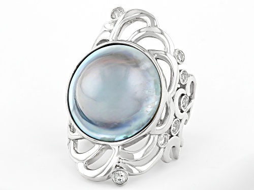 15mm Platinum Cultured South Sea Mabe Pearl With White Topaz Rhodium Over Sterling Silver Ring - Size 11