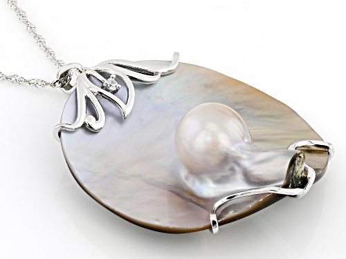 40mm Platinum Cultured South Sea Blister Pearl & White Zircon Rhodium Over Sterling Silver Pendant