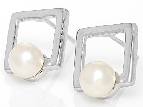 6-7mm White Cultured freshwater Pearl Rhodium Over Sterling Silver Drop Earrings