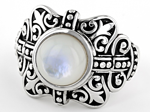 9mm White Mother-of-Pearl Rhodium Over Sterling Silver Oxidized Ring - Size 6