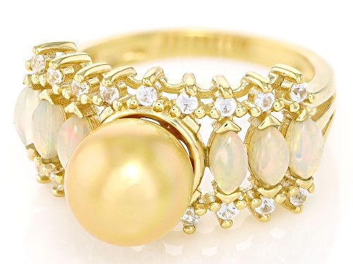 9-10mm Golden Cultured South Sea Pearl with Ethiopian Opal & Zircon 18k Yellow Gold Over Silver Ring - Size 7