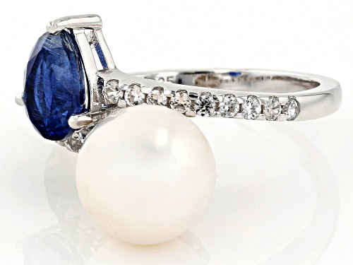9.5-10mm White Cultured Freshwater Pearl, 1.06ct Kyanite & Zircon Rhodium Over Sterling Silver Ring - Size 6