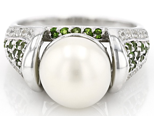 10-10.5mm Cultured Freshwater Pearl, Chrome Diopside and White Zircon Rhodium Over Silver Ring - Size 11