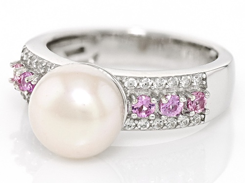 9-9.5mm Cultured Freshwater Pearl with Pink Sapphire & White Zircon Rhodium Over Silver Ring - Size 11