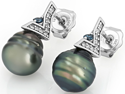 9mm Cultured Tahitian Pearl with 0.27ctw Blue & White Diamonds Rhodium Over 14k White Gold Earrings