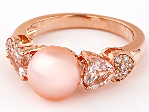 8.5-9mm Pink Cultured Freshwater Pearl with Morganite & Zircon 18k Rose Gold Over Silver Ring - Size 10