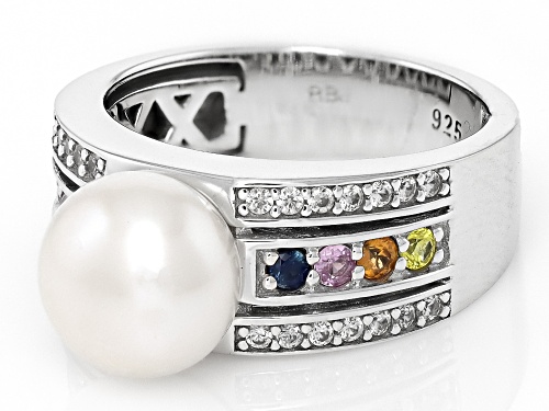 9-10mm White Cultured Freshwater Pearl with Multi-Color Sapphire & Zircon Rhodium Over Sterling Ring - Size 7