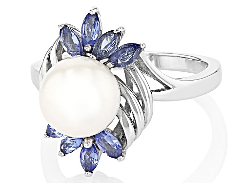 8-9mm White Cultured Freshwater Pearl and 0.64ctw Tanzanite Rhodium Over Sterling Silver Ring - Size 12