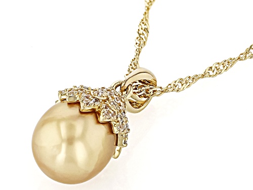 9-10mm Golden Cultured South Sea Pearl & White Zircon 18k Gold Over Sterling Silver Pendant/Chain