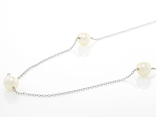 7-8mm White Cultured Freshwater Pearl Rhodium Over Sterling Silver Station Necklace - Size 18