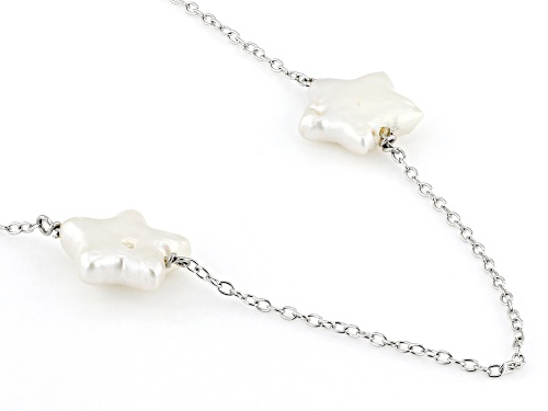 7-8mm White Cultured Freshwater Pearl Rhodium Over Sterling Silver Star Shaped Station Necklace - Size 18