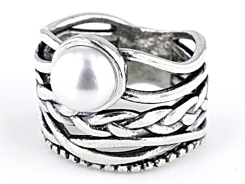Artisan Collection of Israel™ 8mm Cultured Freshwater Pearl Sterling Silver Textured Band Ring - Size 6