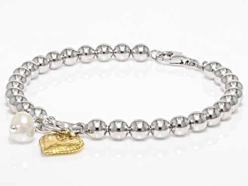 Artisan Collection of Israel™ 7-7.5mm Cultured Freshwater Pearl Silver Two Tone Charm Bracelet - Size 7.5