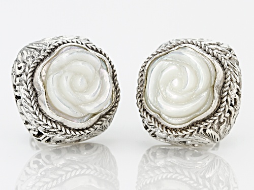 Artisan Gem Collection Of Bali™ 12mm Carved White Mother Of Pearl Silver Stud Flower Earrings