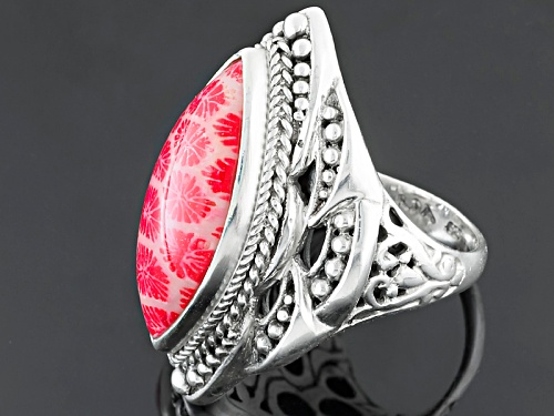 Artisan Gem Collection Of Bali™ 25x12mm Marquise Red Indonesian Coral Solitaire Silver Ring - Size 12