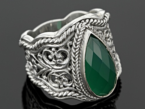 Artisan Gem Collection Of Bali™ 16x8mm Pear Shape Green Onyx Sterling Silver Solitaire Ring - Size 12