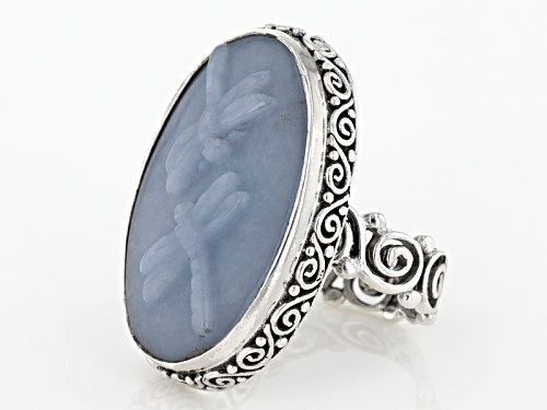 Artisan Gem Collection Of Bali™ 30x20mm Oval Carved Angelite Dragonflies Sterling Silver Ring - Size 6