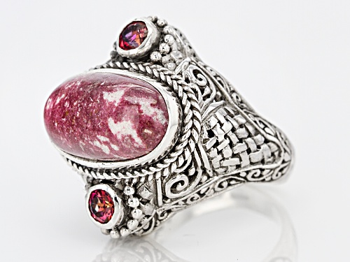 Artisan Gem Collection Of Bali™ Thulite And .88ctw Blessed™ Mystic Topaz® Silver Ring - Size 6