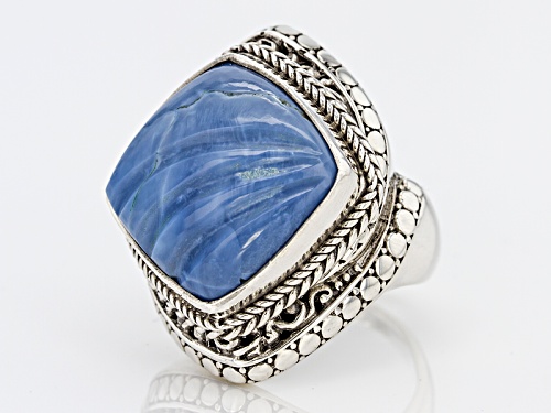 Artisan Gem Collection Of Bali™ 18mm Square Cushion Carved Wave African Blue Opal Silver Ring - Size 5