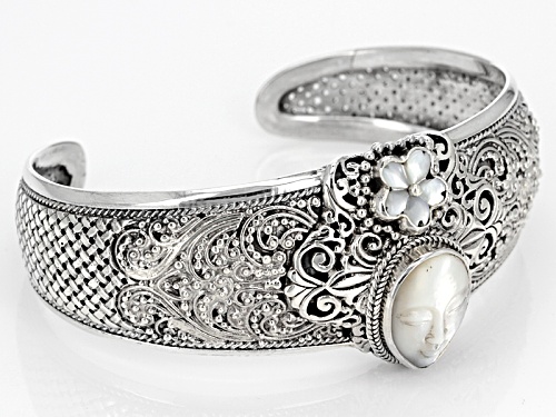 Artisan Collection Of Bali™ Carved White Mother Of Pearl Face And Flower Silver Cuff Bracelet